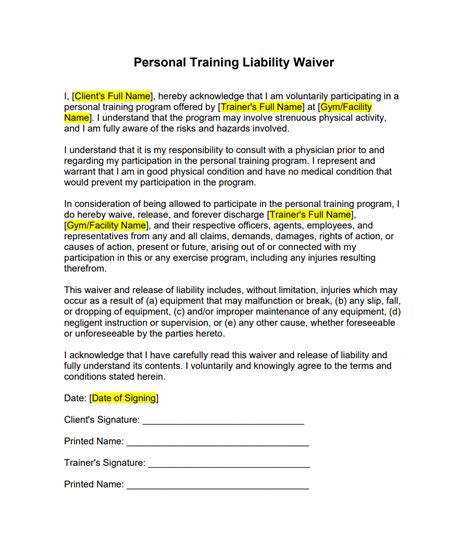 printable liability waiver personal training.